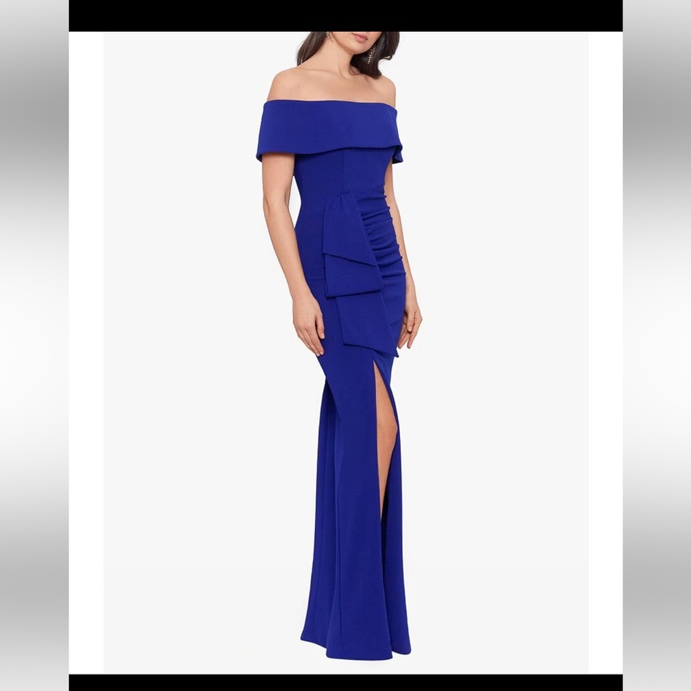 Off-the-Shoulder Ruched Ruched Waist Scuba Crepe Thigh High Slit Gown